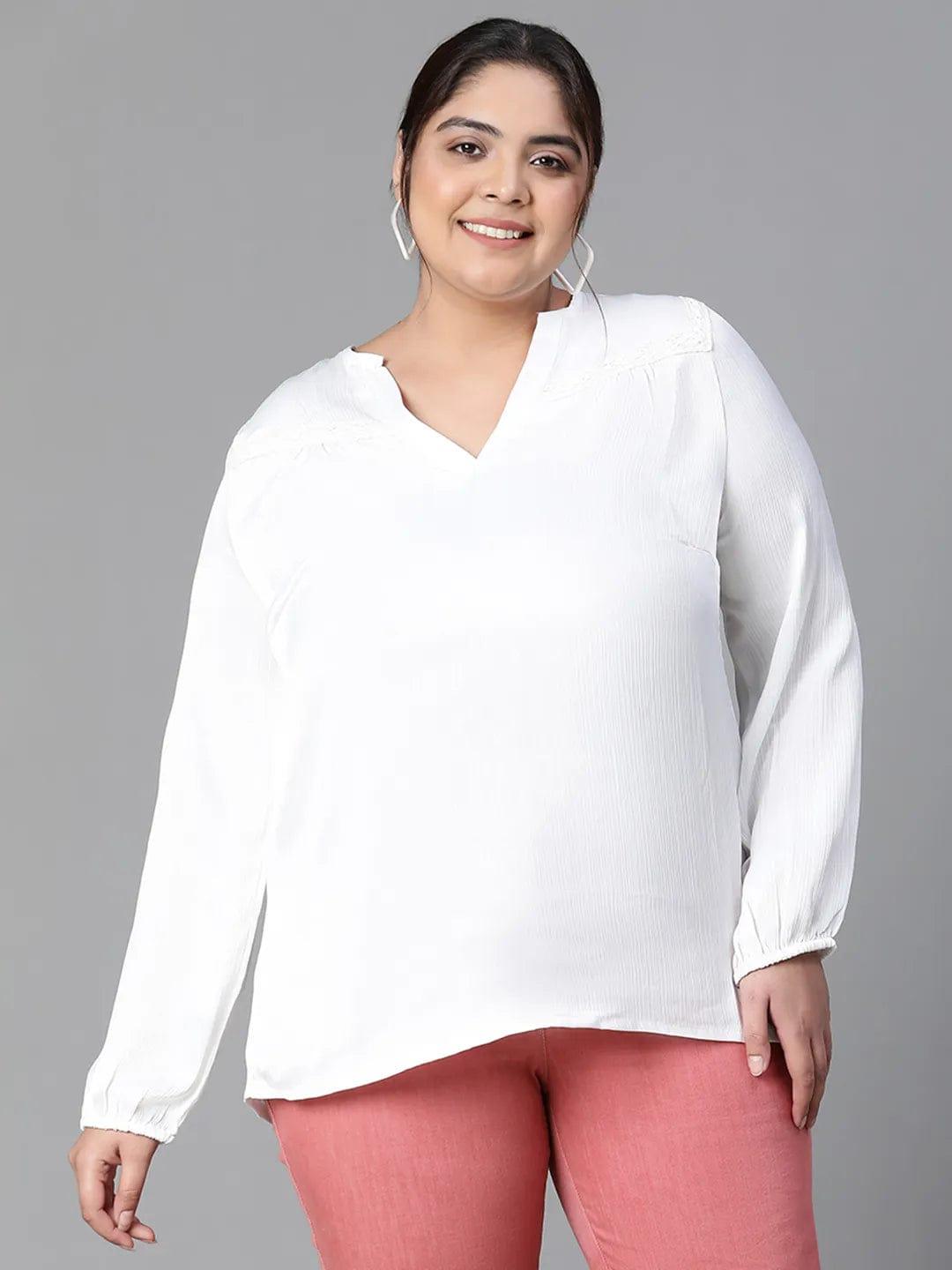 Rich White Long Sleeve Plus Size Loopy Top For Women