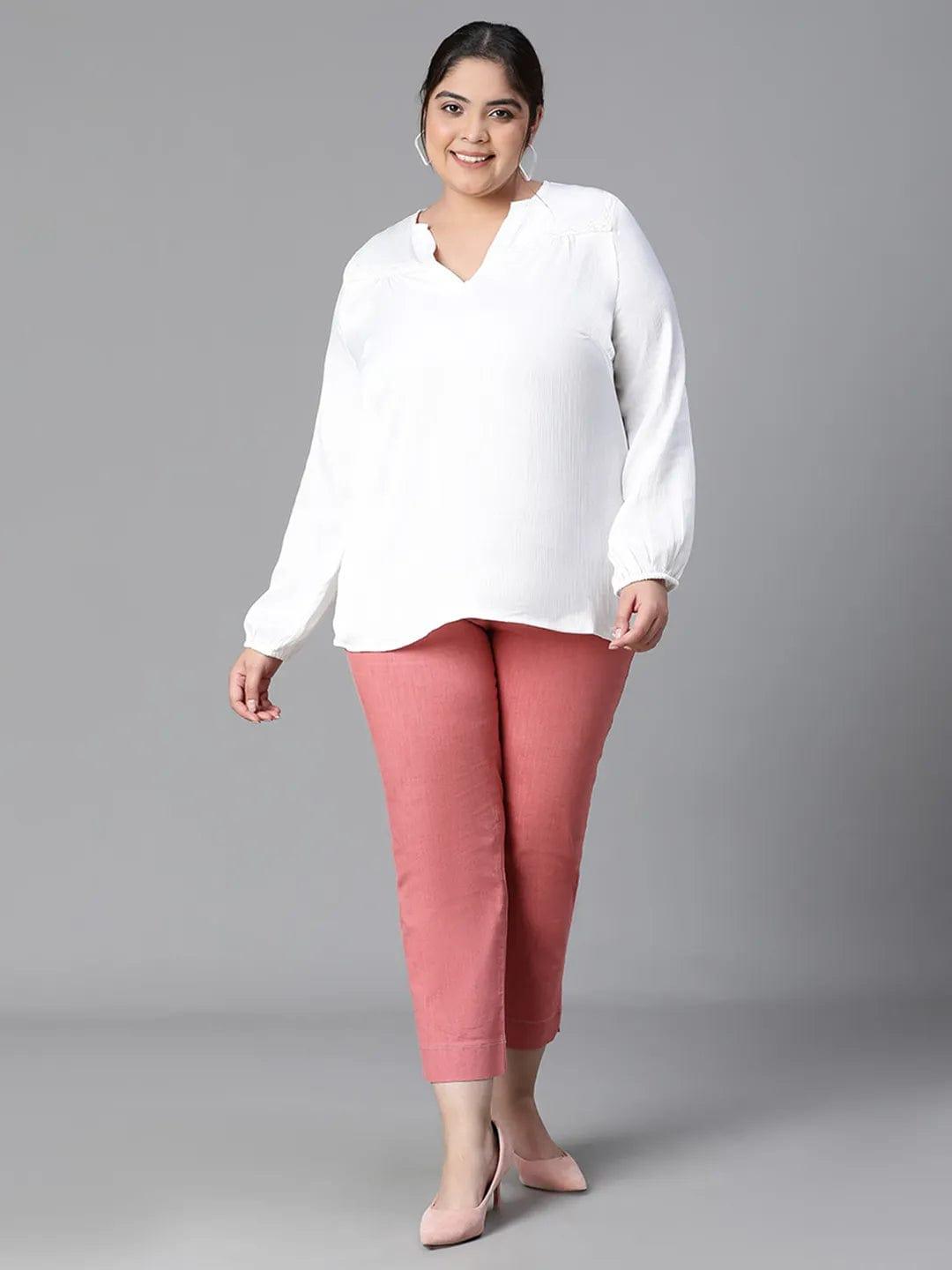 Rich White Long Sleeve Plus Size Loopy Top For Women