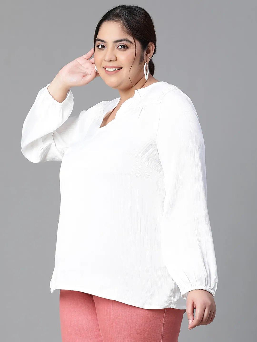 Rich White Long Sleeve Plus Size Loopy Top For Women