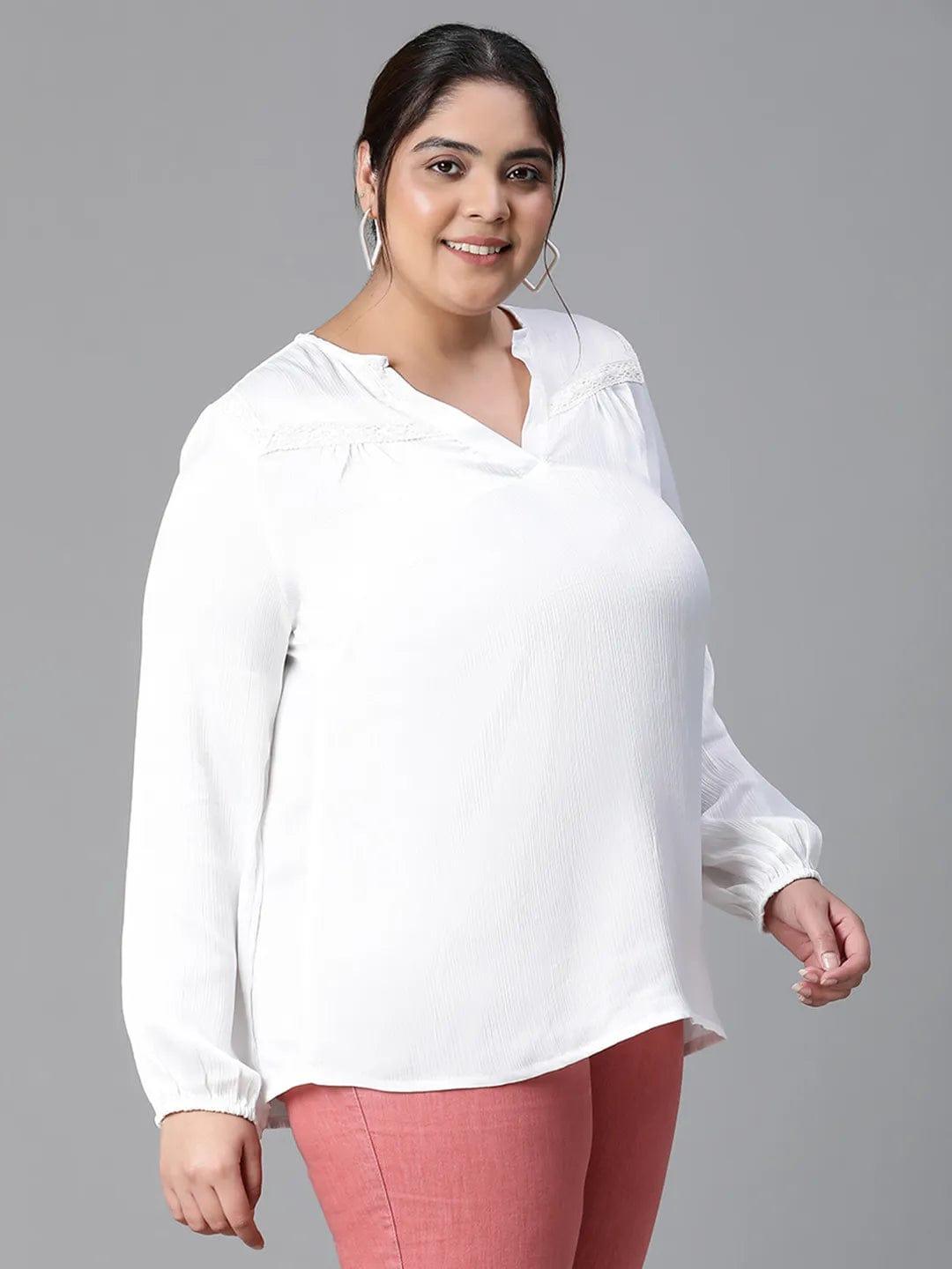 Rich White Long Sleeve Plus Size Loopy Top For Women