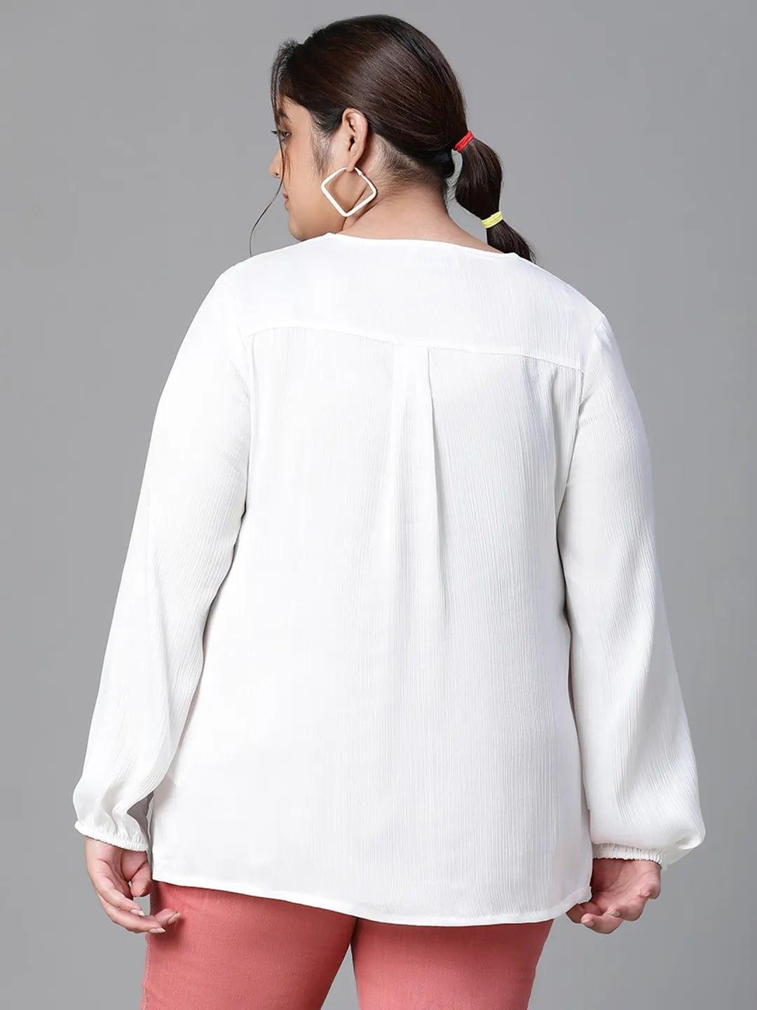 Rich White Long Sleeve Plus Size Loopy Top For Women