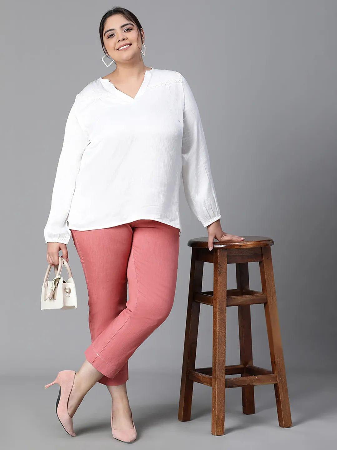 Rich White Long Sleeve Plus Size Loopy Top For Women