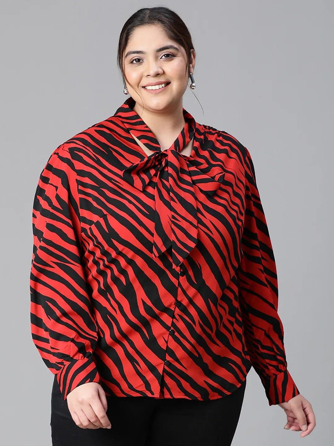 Regal Red Animal Print Tie-knot Style Long Sleeve Plus Size Women Loopy Top