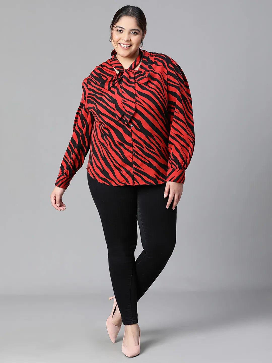 Regal Red Animal Print Tie-knot Style Long Sleeve Plus Size Women Loopy Top