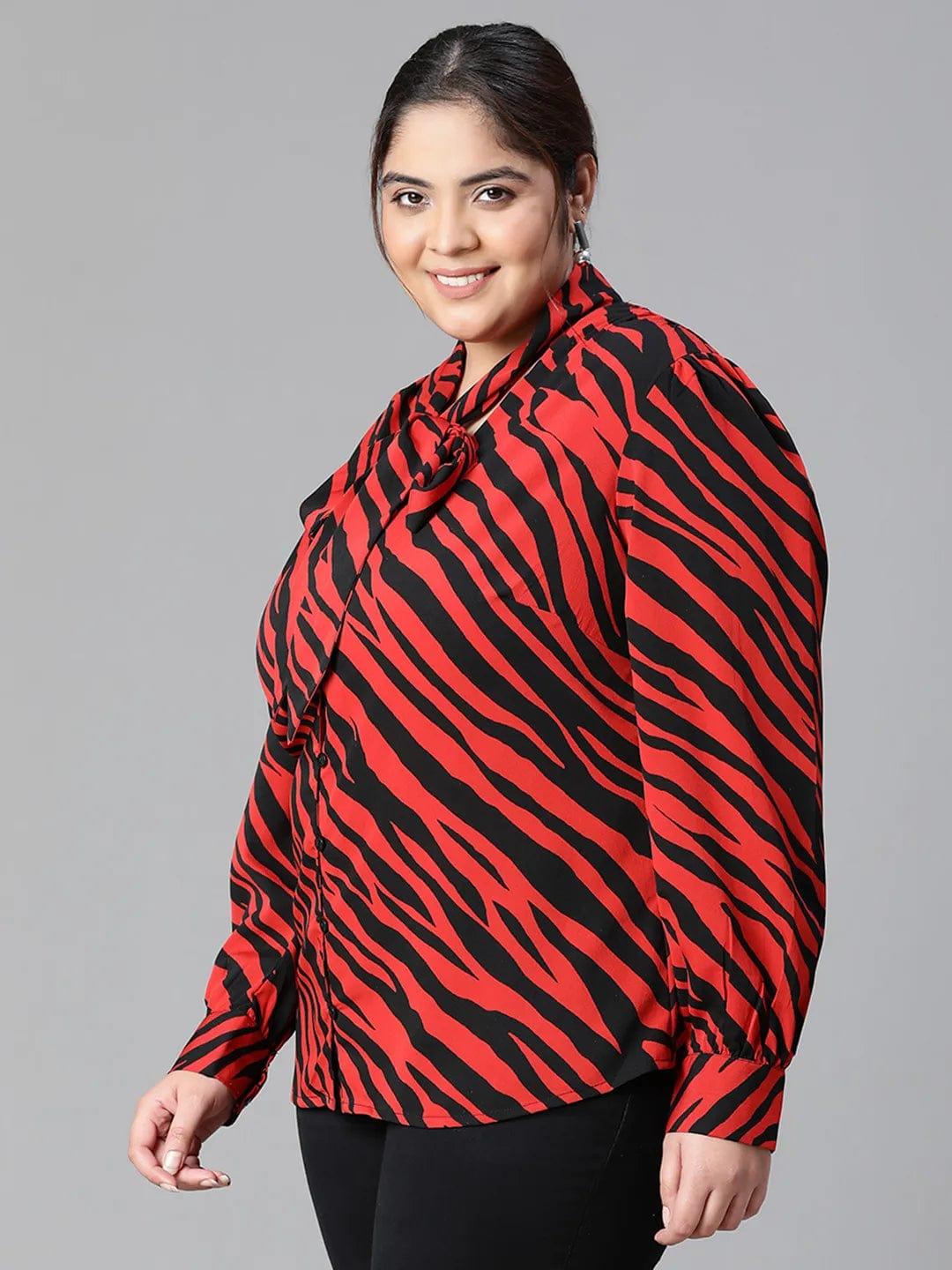 Regal Red Animal Print Tie-knot Style Long Sleeve Plus Size Women Loopy Top