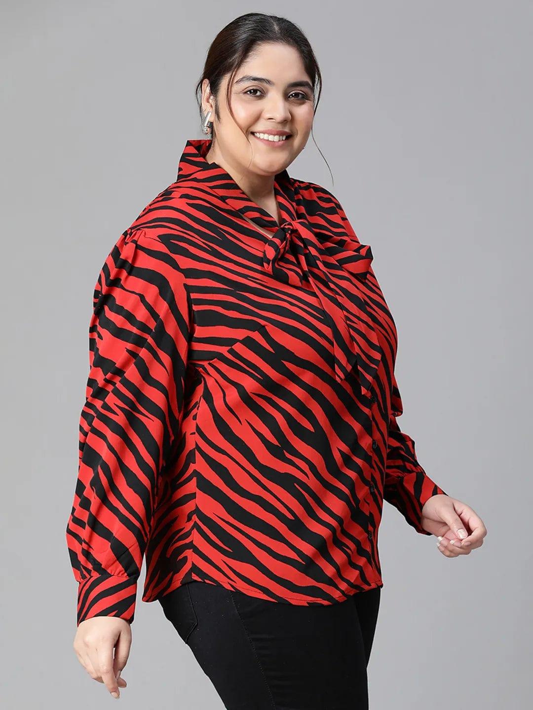 Regal Red Animal Print Tie-knot Style Long Sleeve Plus Size Women Loopy Top