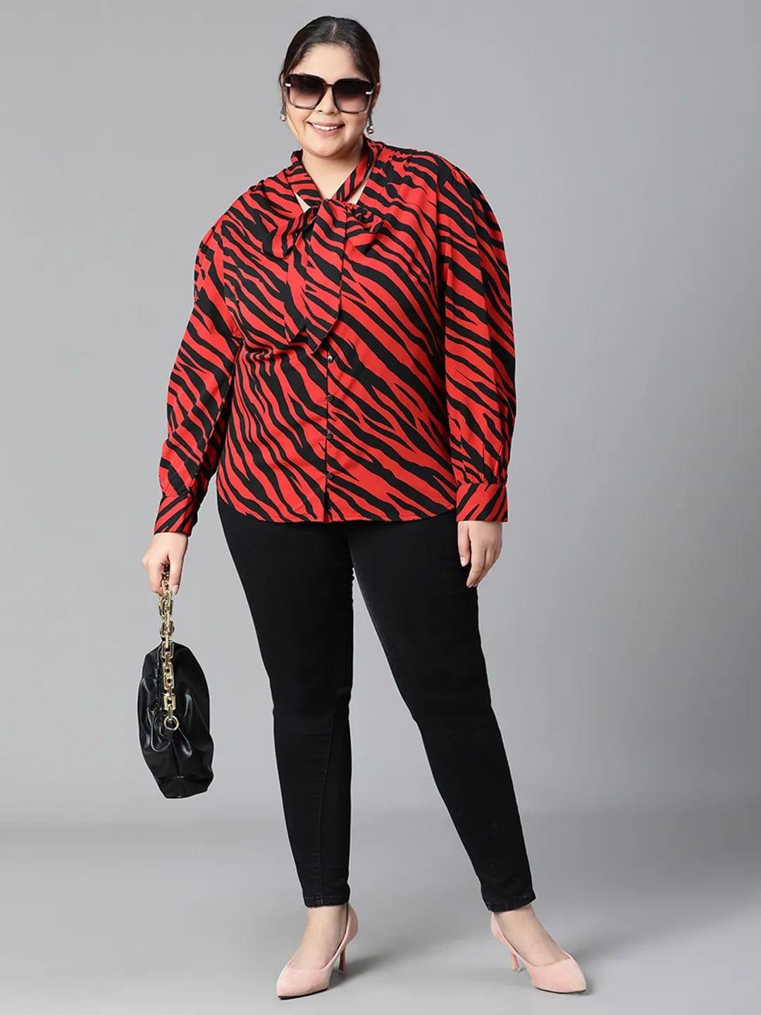 Regal Red Animal Print Tie-knot Style Long Sleeve Plus Size Women Loopy Top