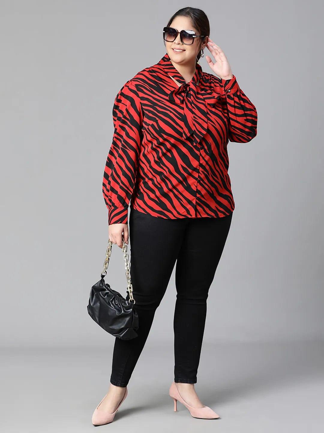 Regal Red Animal Print Tie-knot Style Long Sleeve Plus Size Women Loopy Top