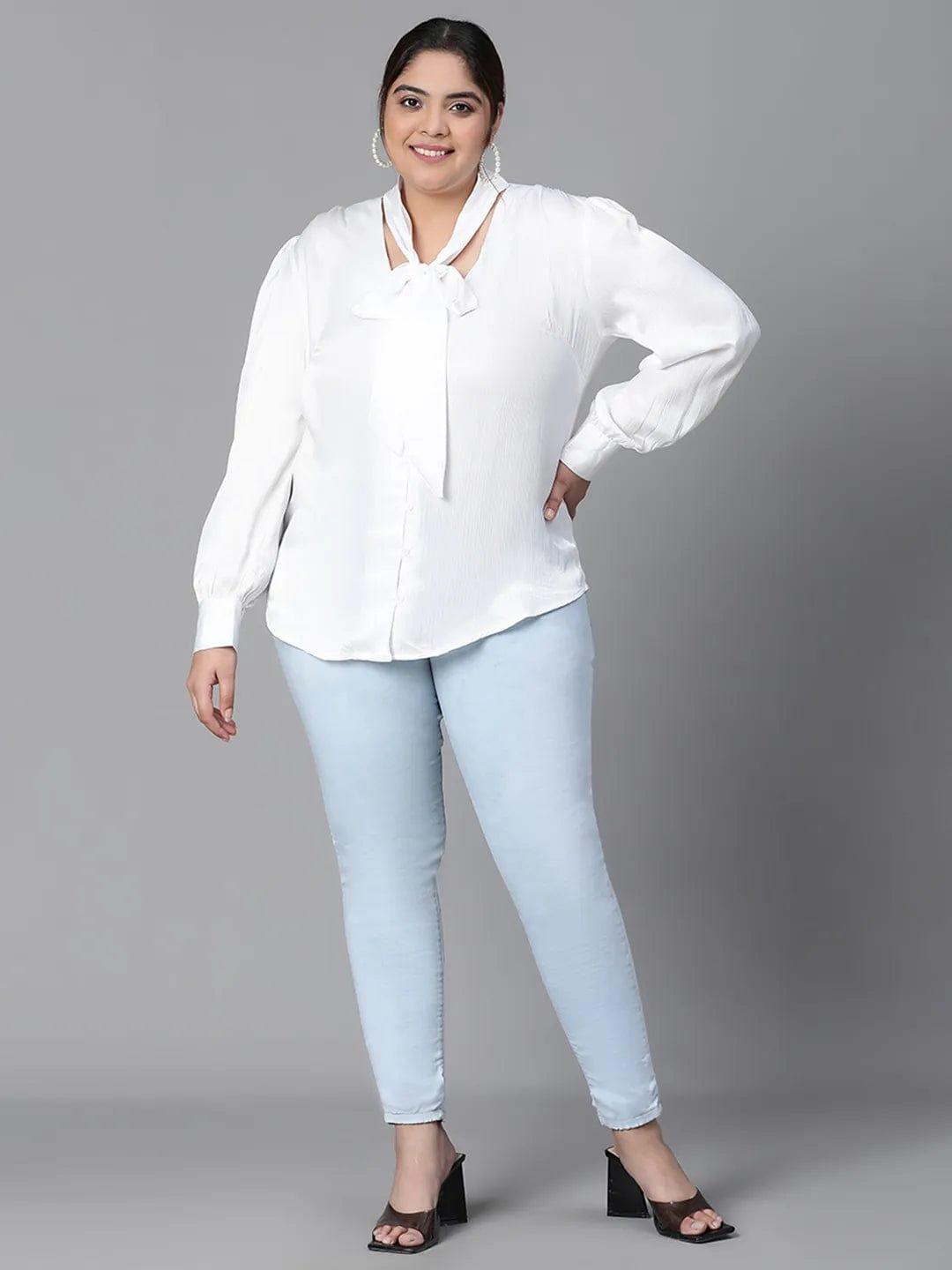 Glowing White Tie-knot Style Long Sleeve Plus Size Women Loopy Top