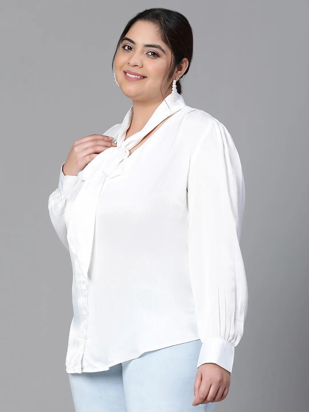 Glowing White Tie-knot Style Long Sleeve Plus Size Women Loopy Top