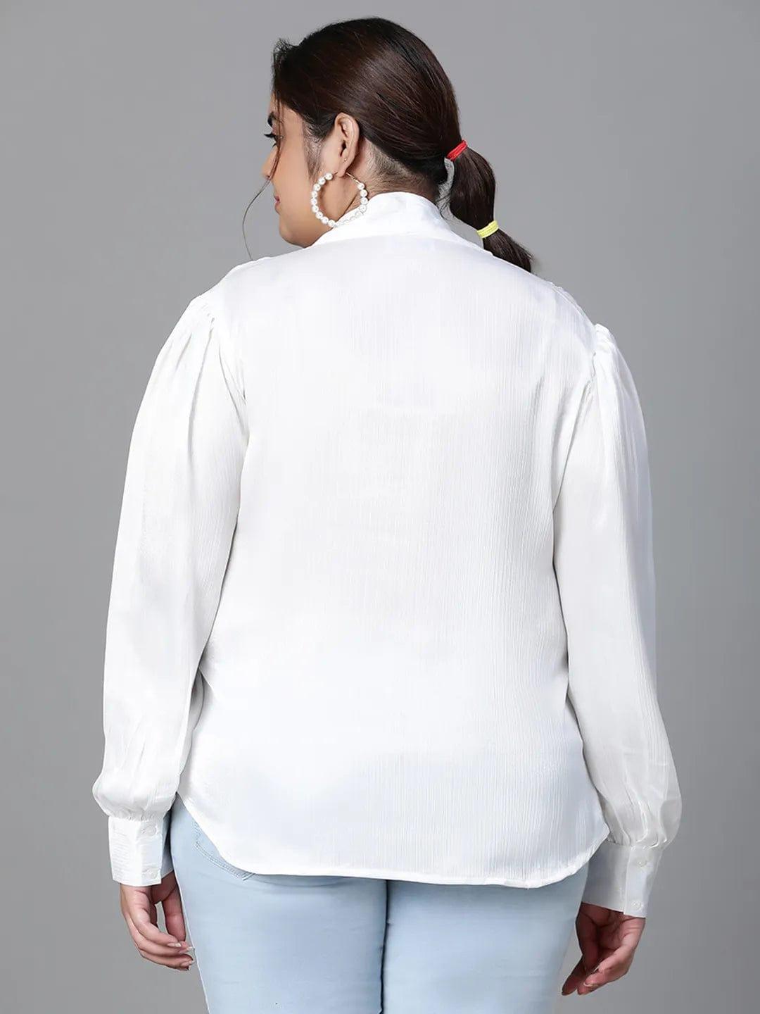 Glowing White Tie-knot Style Long Sleeve Plus Size Women Loopy Top