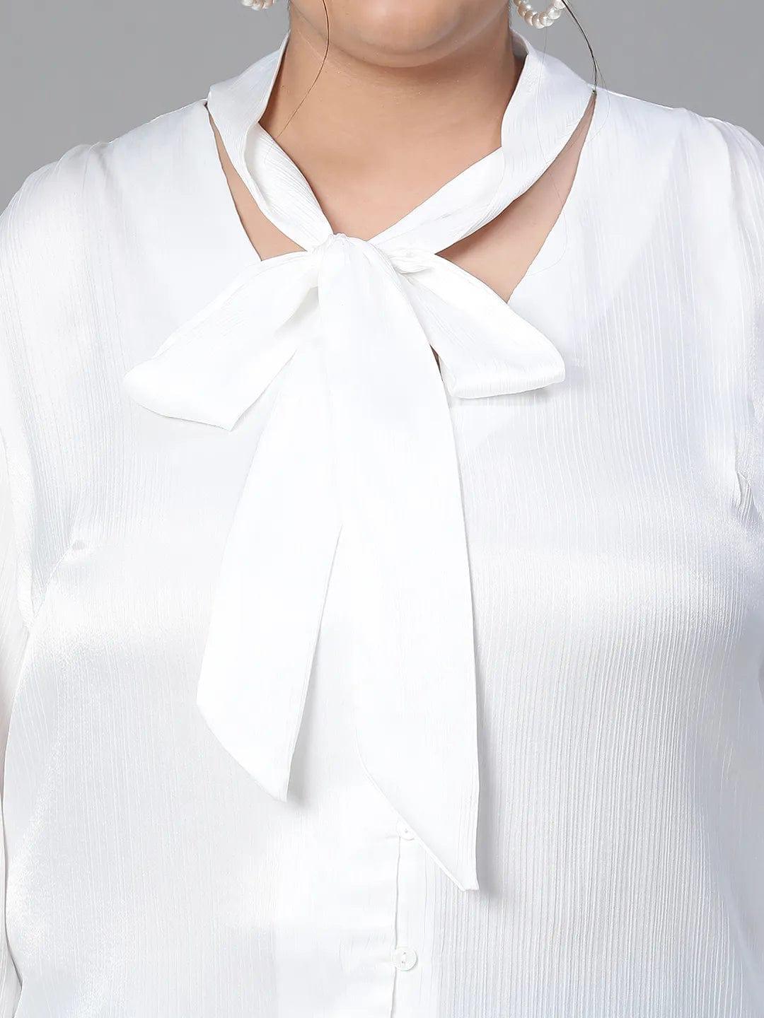 Glowing White Tie-knot Style Long Sleeve Plus Size Women Loopy Top