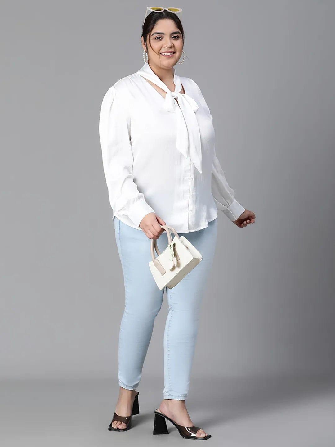 Glowing White Tie-knot Style Long Sleeve Plus Size Women Loopy Top