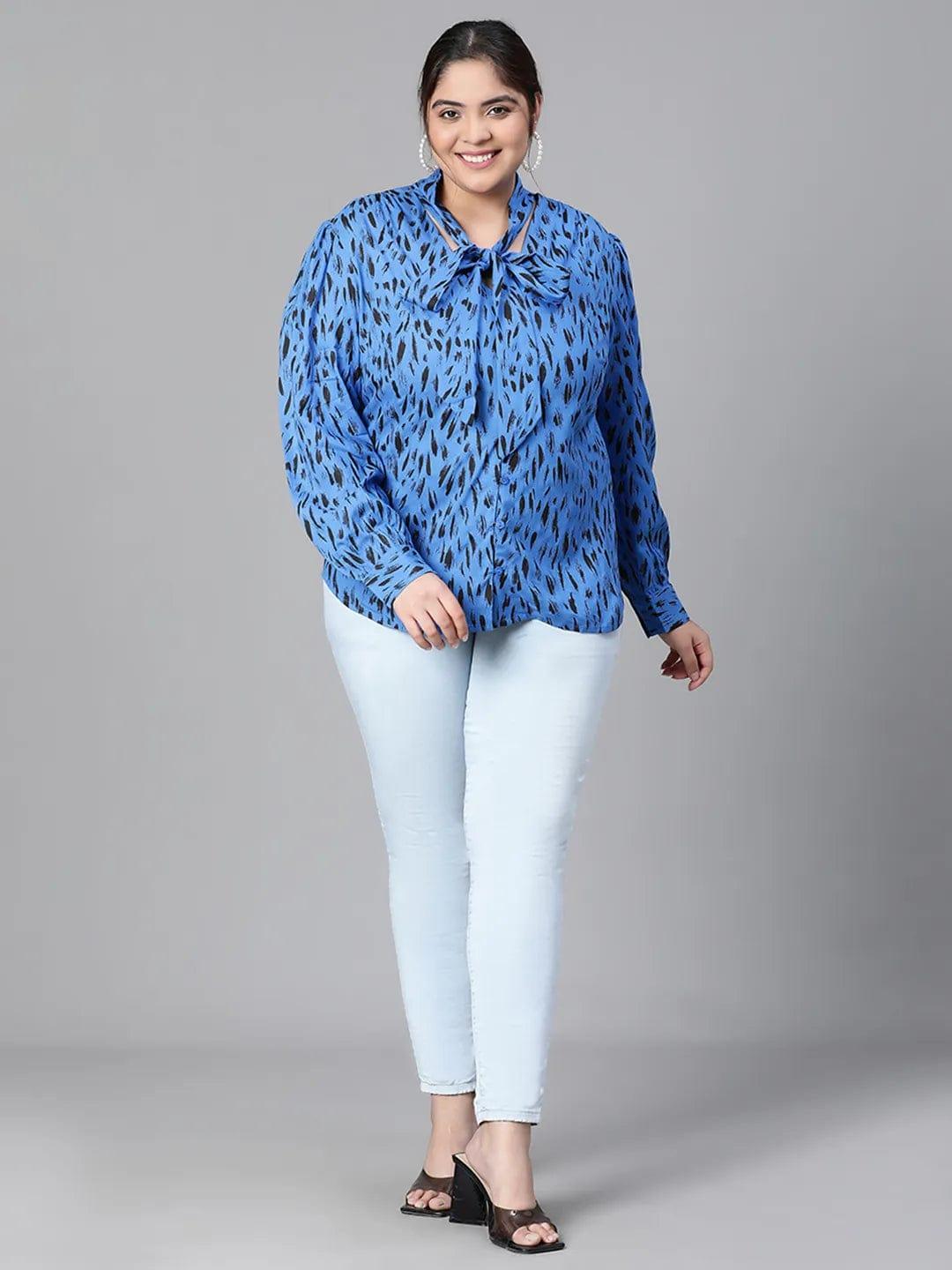 Admired blue animal print tie-knot style long sleeve plus size women  Loopy Top