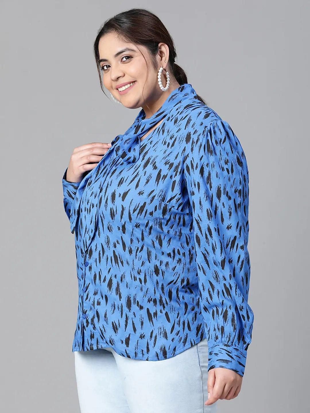 Admired blue animal print tie-knot style long sleeve plus size women  Loopy Top