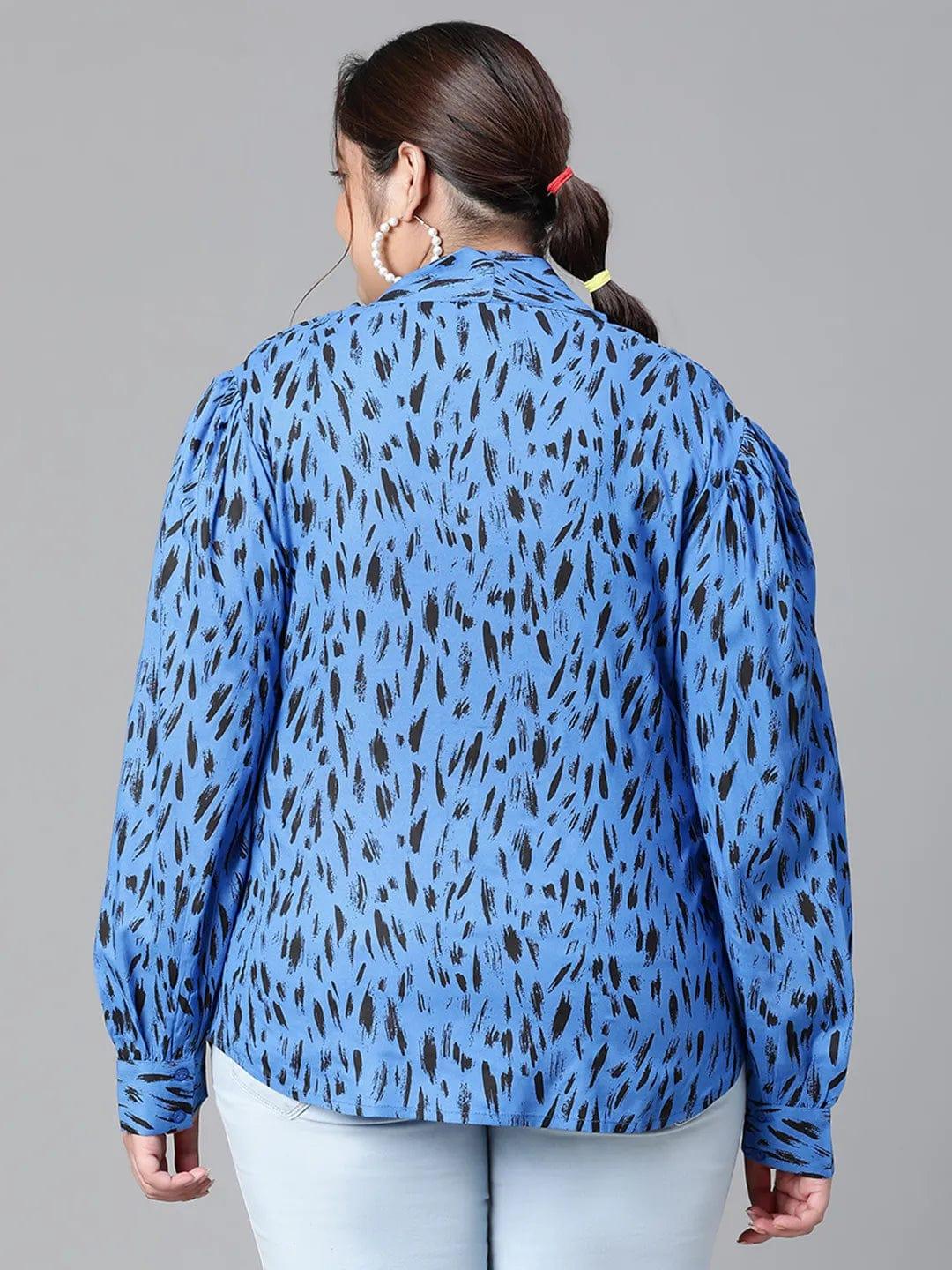 Admired blue animal print tie-knot style long sleeve plus size women  Loopy Top