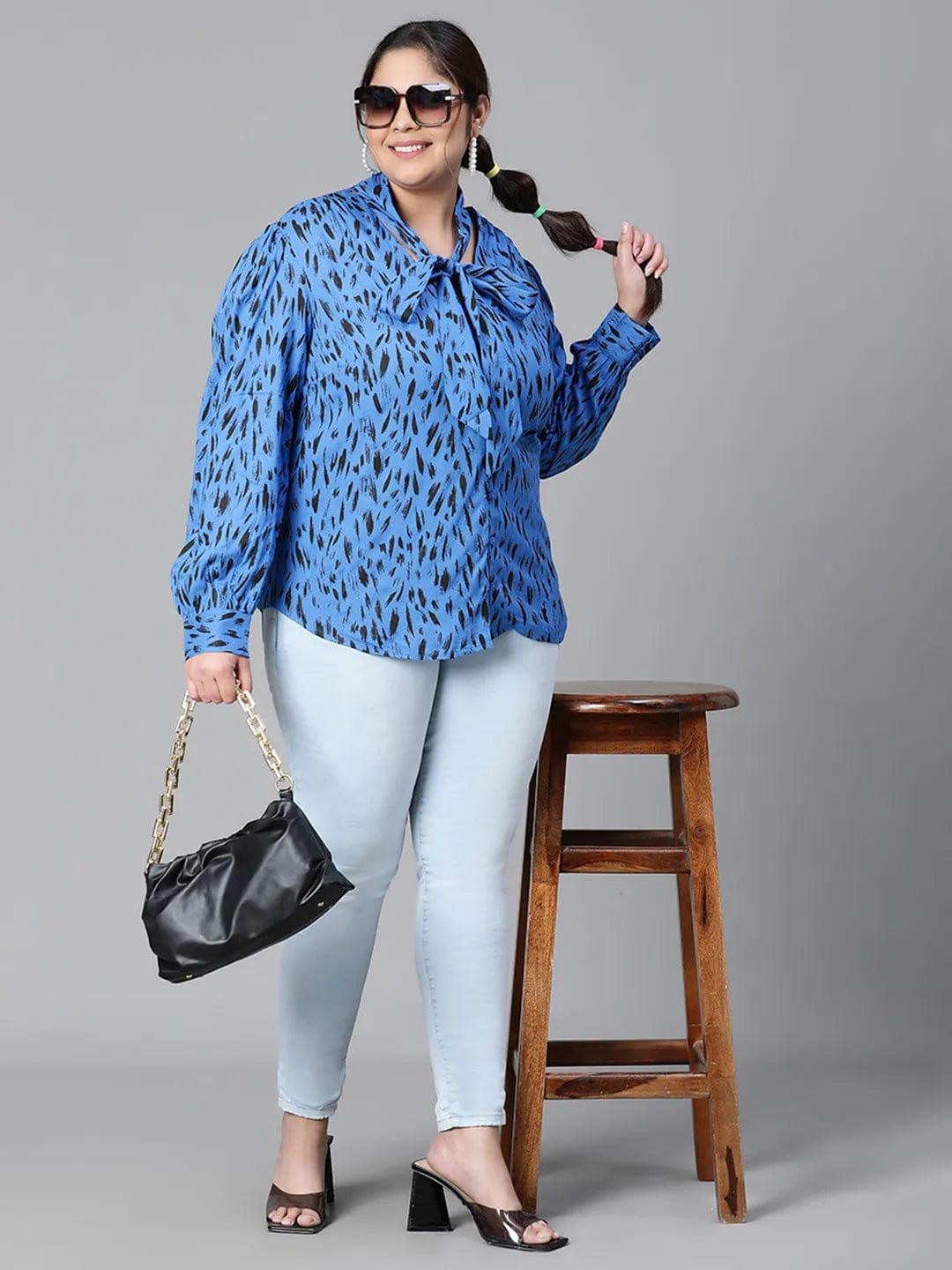 Admired blue animal print tie-knot style long sleeve plus size women  Loopy Top