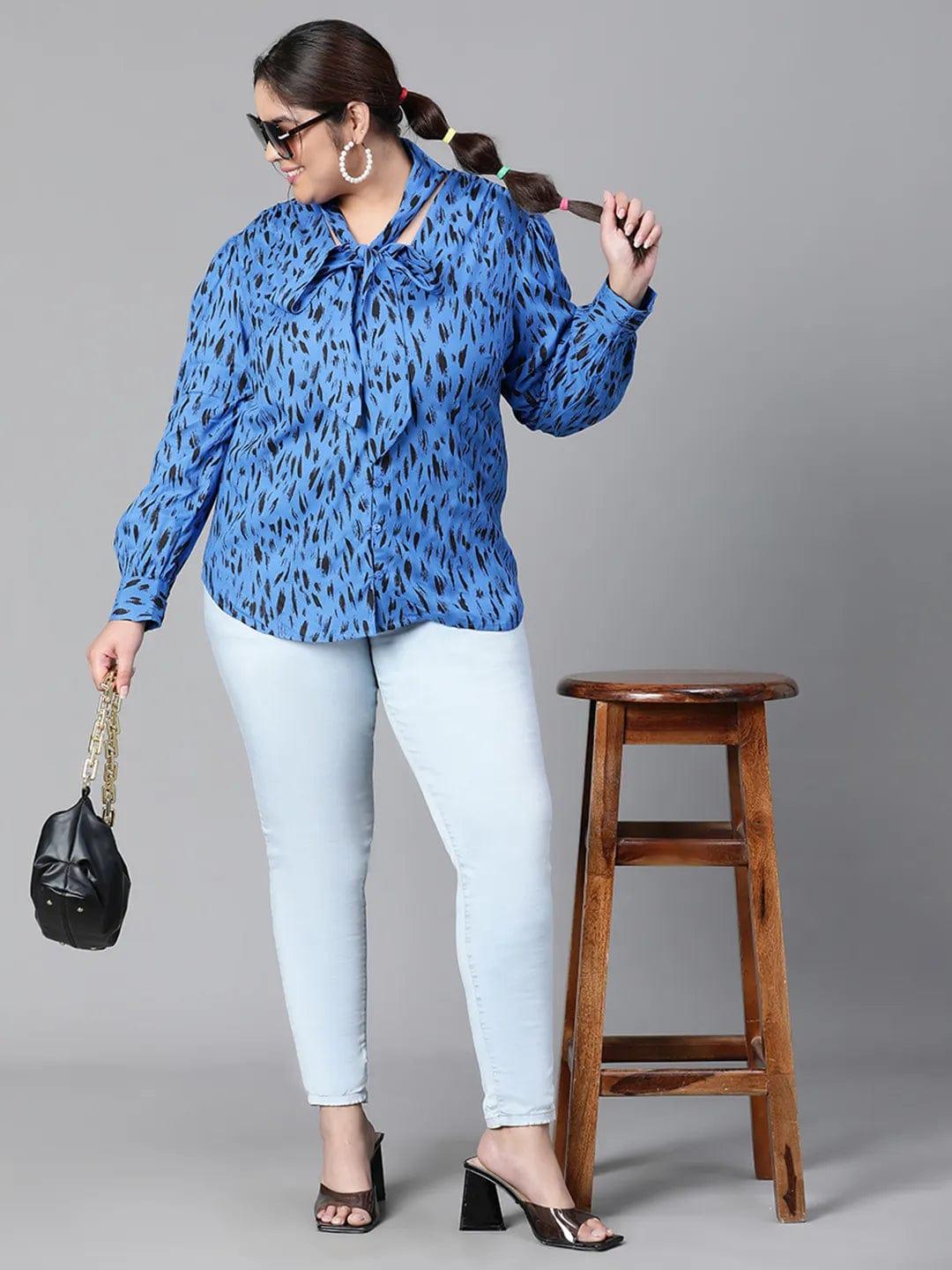 Admired blue animal print tie-knot style long sleeve plus size women  Loopy Top