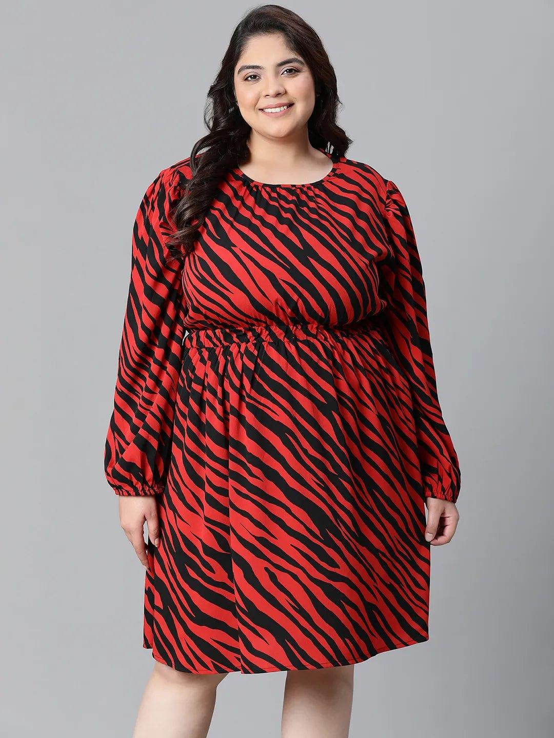 Lustrous Red Zebra Print Elasticated Plus Size Curvy Women Knee-length Dress