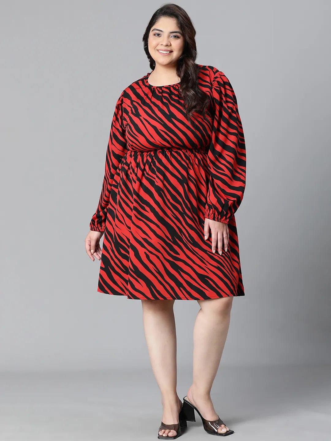 Lustrous Red Zebra Print Elasticated Plus Size Curvy Women Knee-length Dress