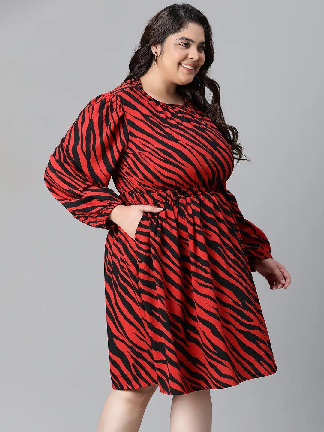 Lustrous Red Zebra Print Elasticated Plus Size Curvy Women Knee-length Dress