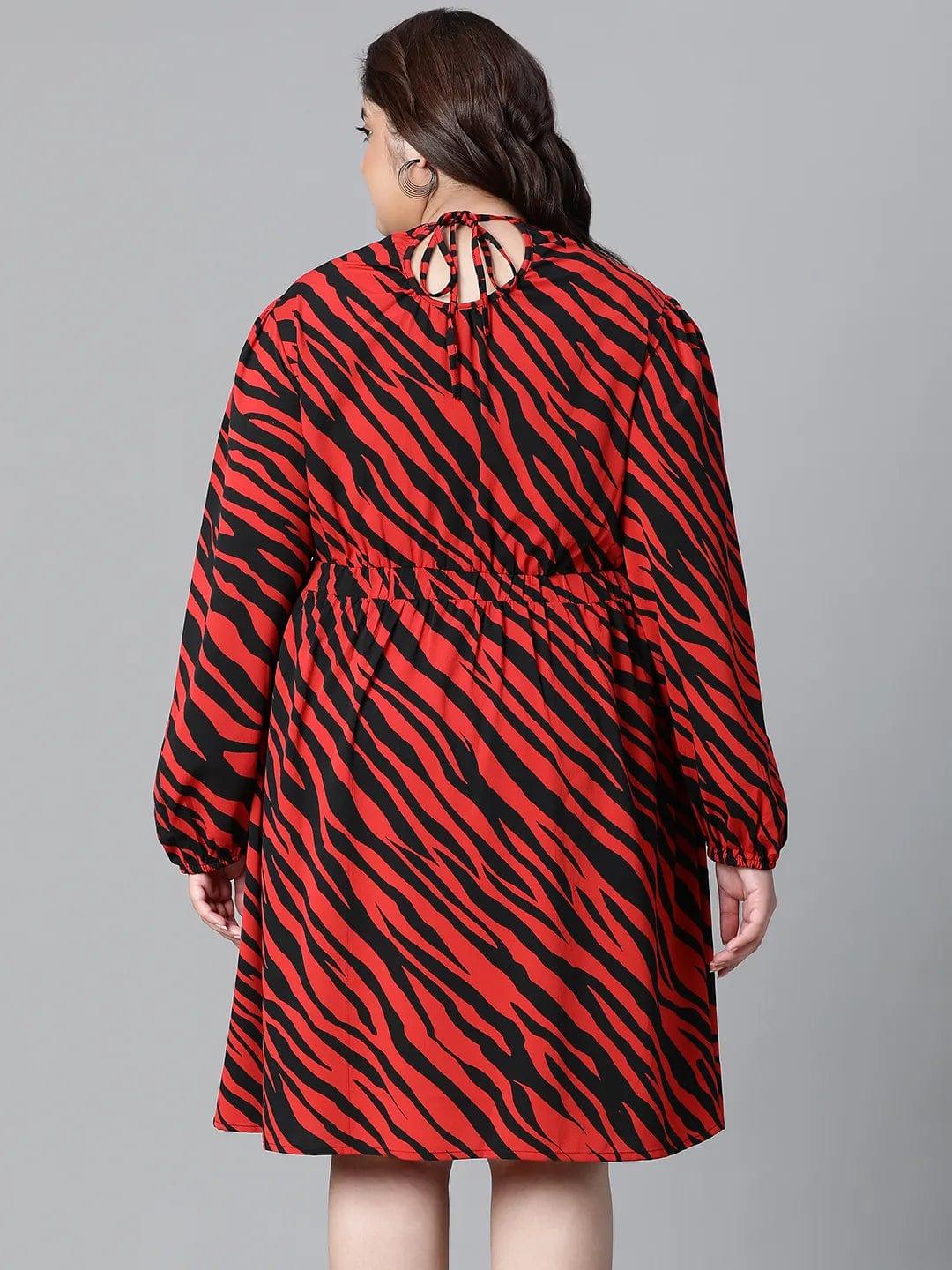 Lustrous Red Zebra Print Elasticated Plus Size Curvy Women Knee-length Dress