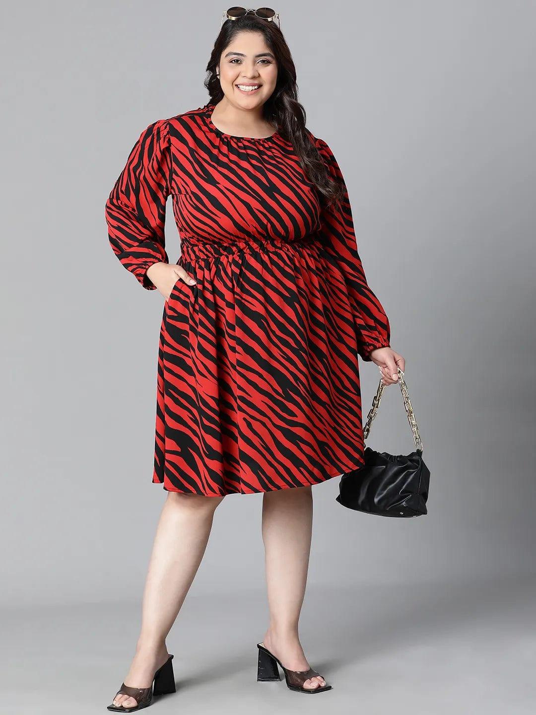 Lustrous Red Zebra Print Elasticated Plus Size Curvy Women Knee-length Dress