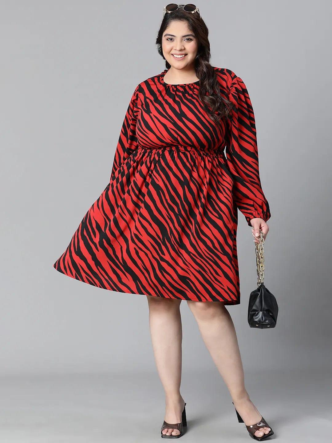 Lustrous Red Zebra Print Elasticated Plus Size Curvy Women Knee-length Dress