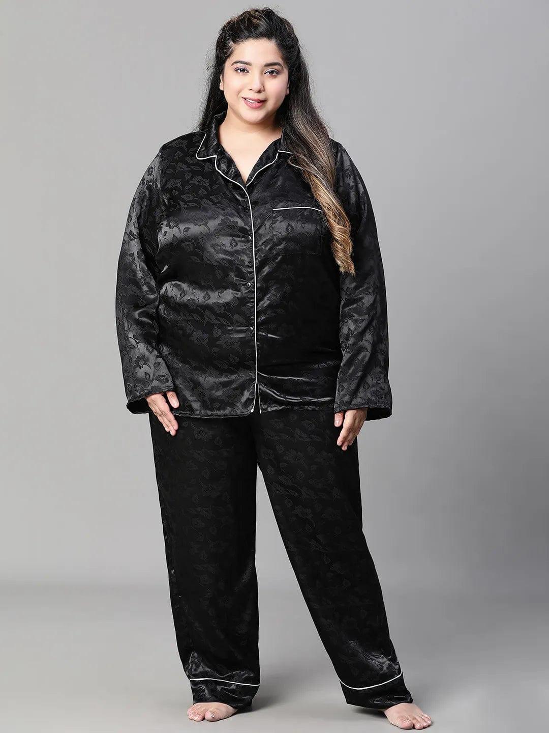 Black Tactile Art Shirt Pajama  Plus Size Co-Ord Nightwear Set