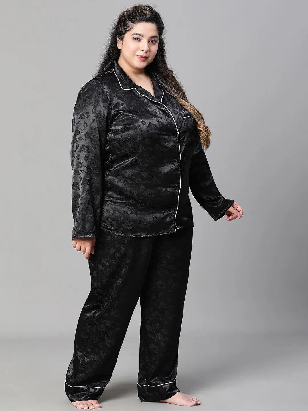 Black Tactile Art Shirt Pajama  Plus Size Co-Ord Nightwear Set