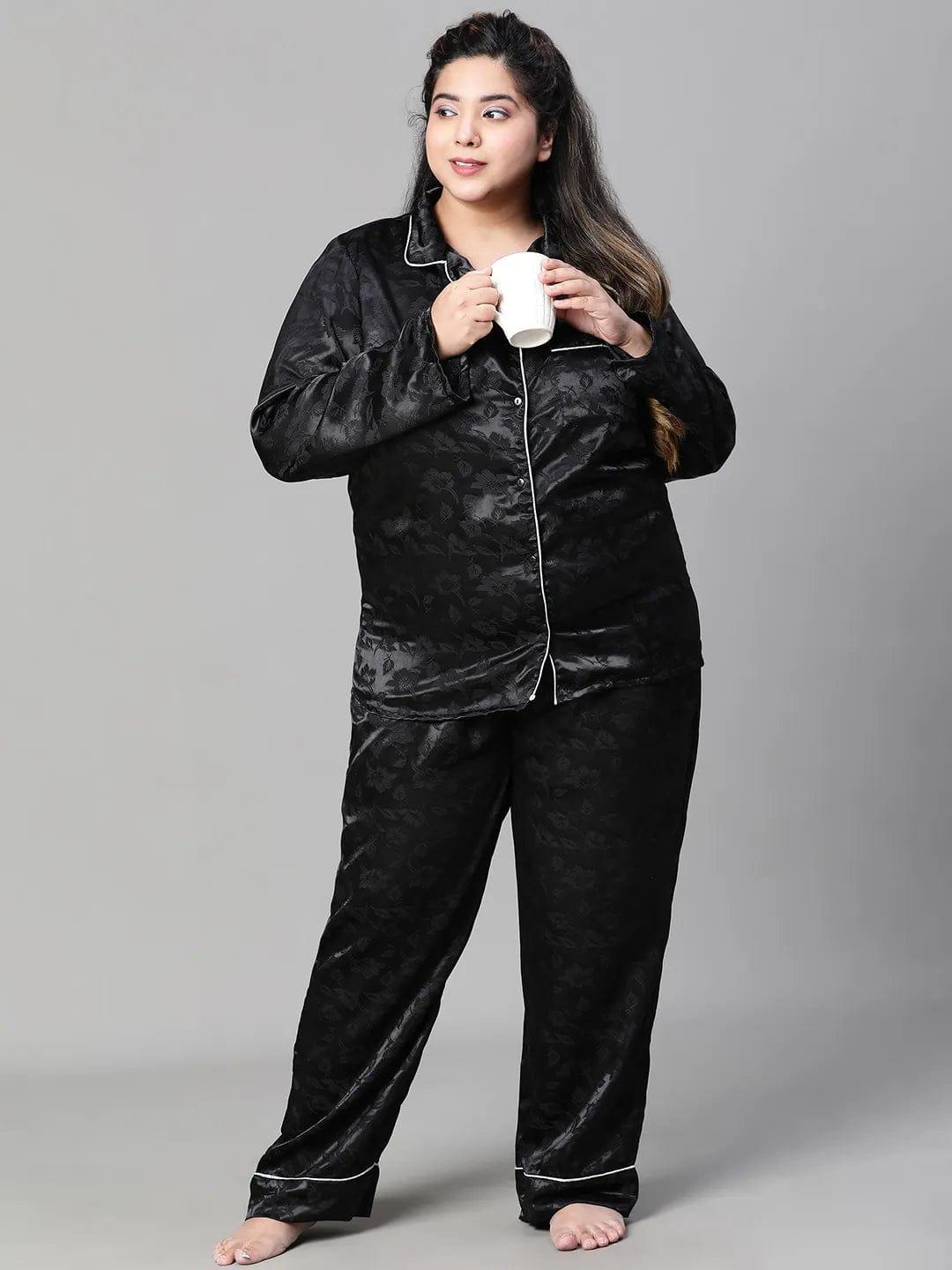 Black Tactile Art Shirt Pajama  Plus Size Co-Ord Nightwear Set