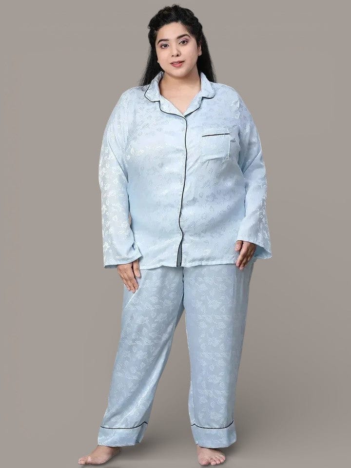 Blue Tactile Print Shirt Pajama  Plus Size Co-Ord Set Nightwear Set
