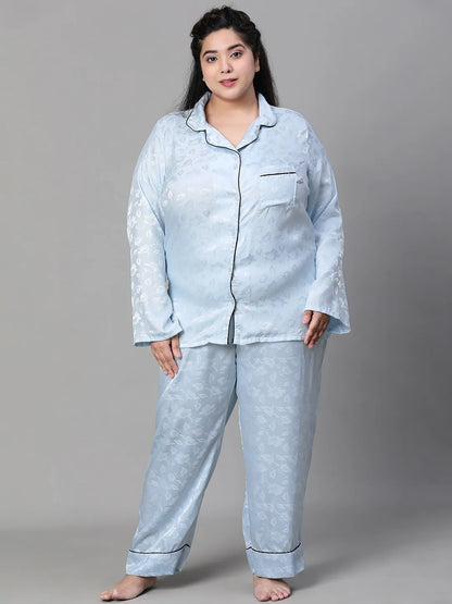 Blue Tactile Print Shirt Pajama Plus Size Nightwear Set