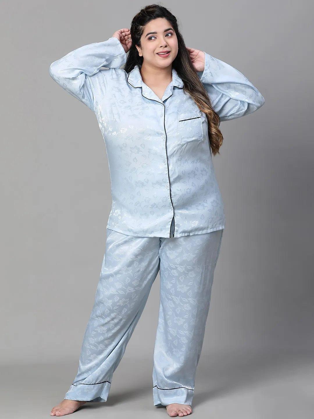 Blue Tactile Print Shirt Pajama  Plus Size Co-Ord Set Nightwear Set