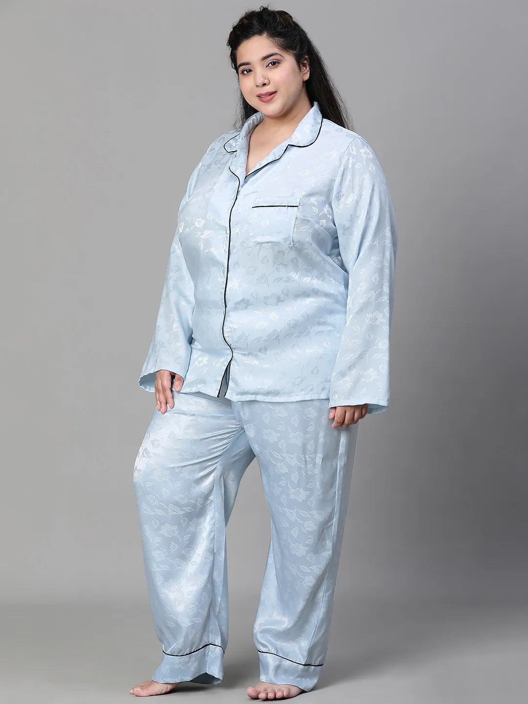 Blue Tactile Print Shirt Pajama Plus Size Nightwear Set