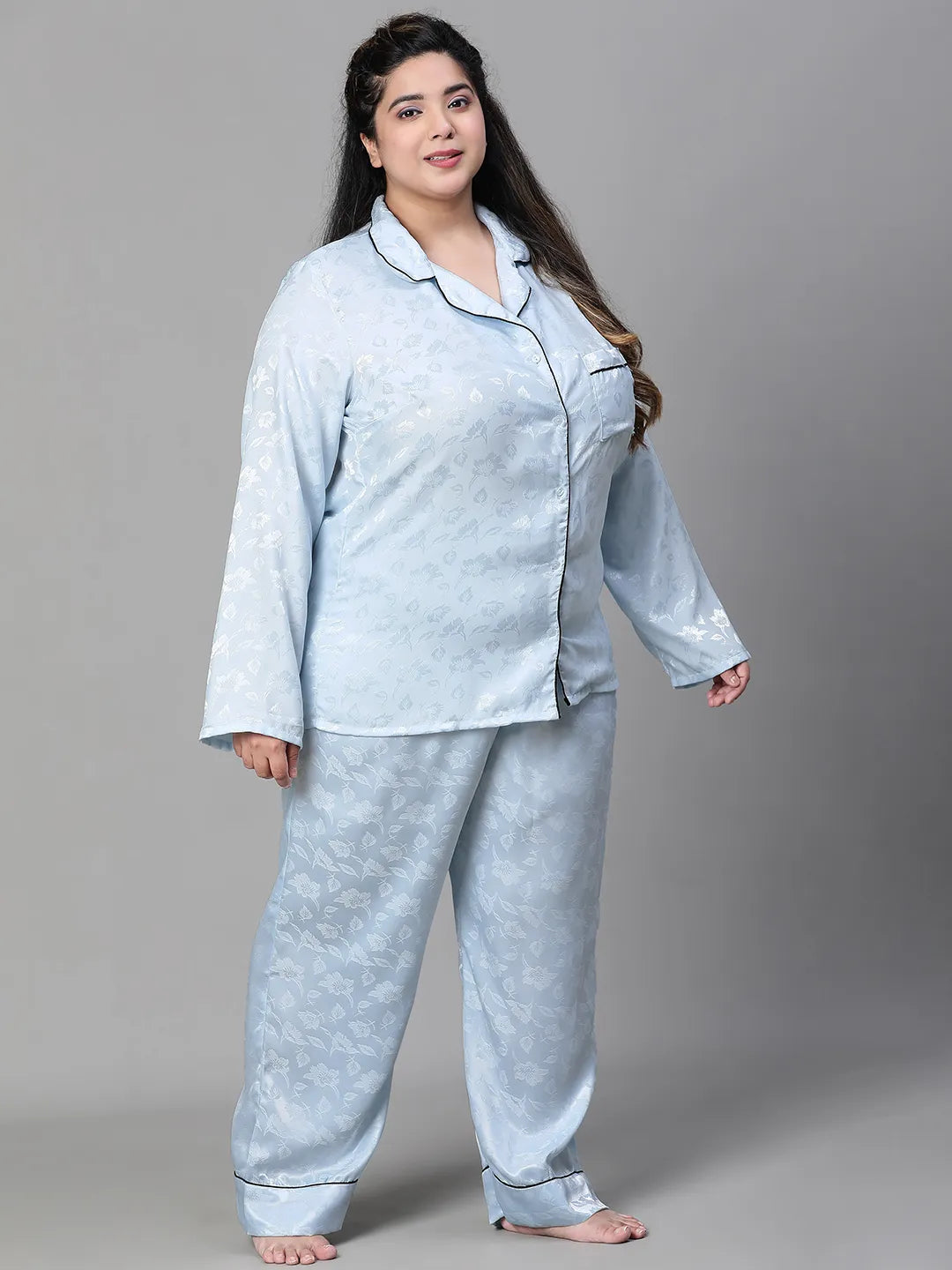 Blue Tactile Print Shirt Pajama Plus Size Nightwear Set