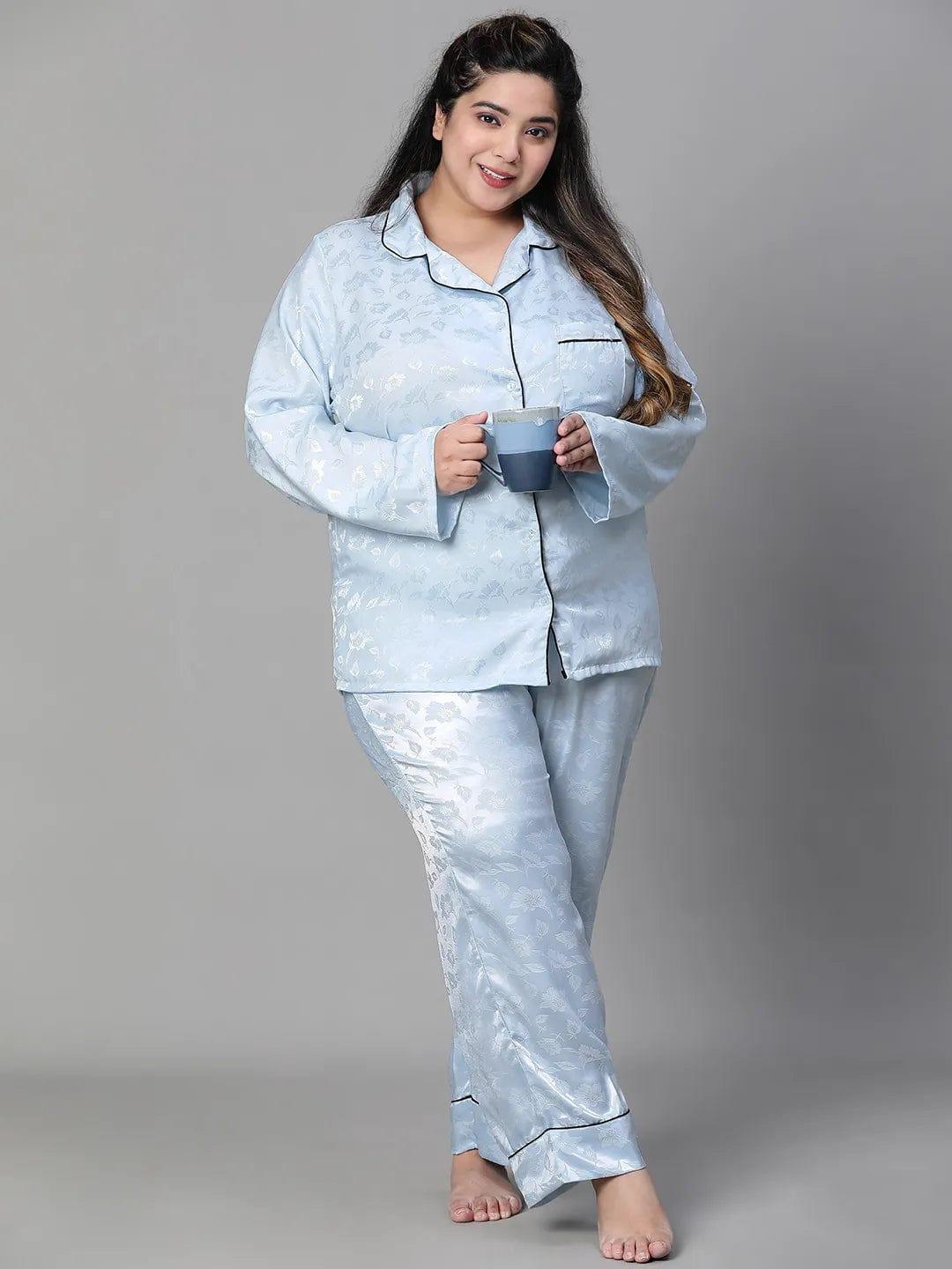 Blue Tactile Print Shirt Pajama  Plus Size Co-Ord Set Nightwear Set