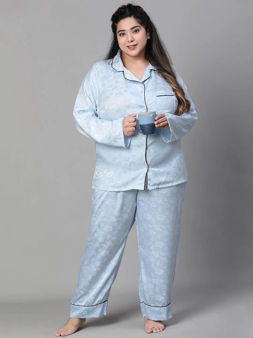 Blue Tactile Print Shirt Pajama  Plus Size Co-Ord Set Nightwear Set