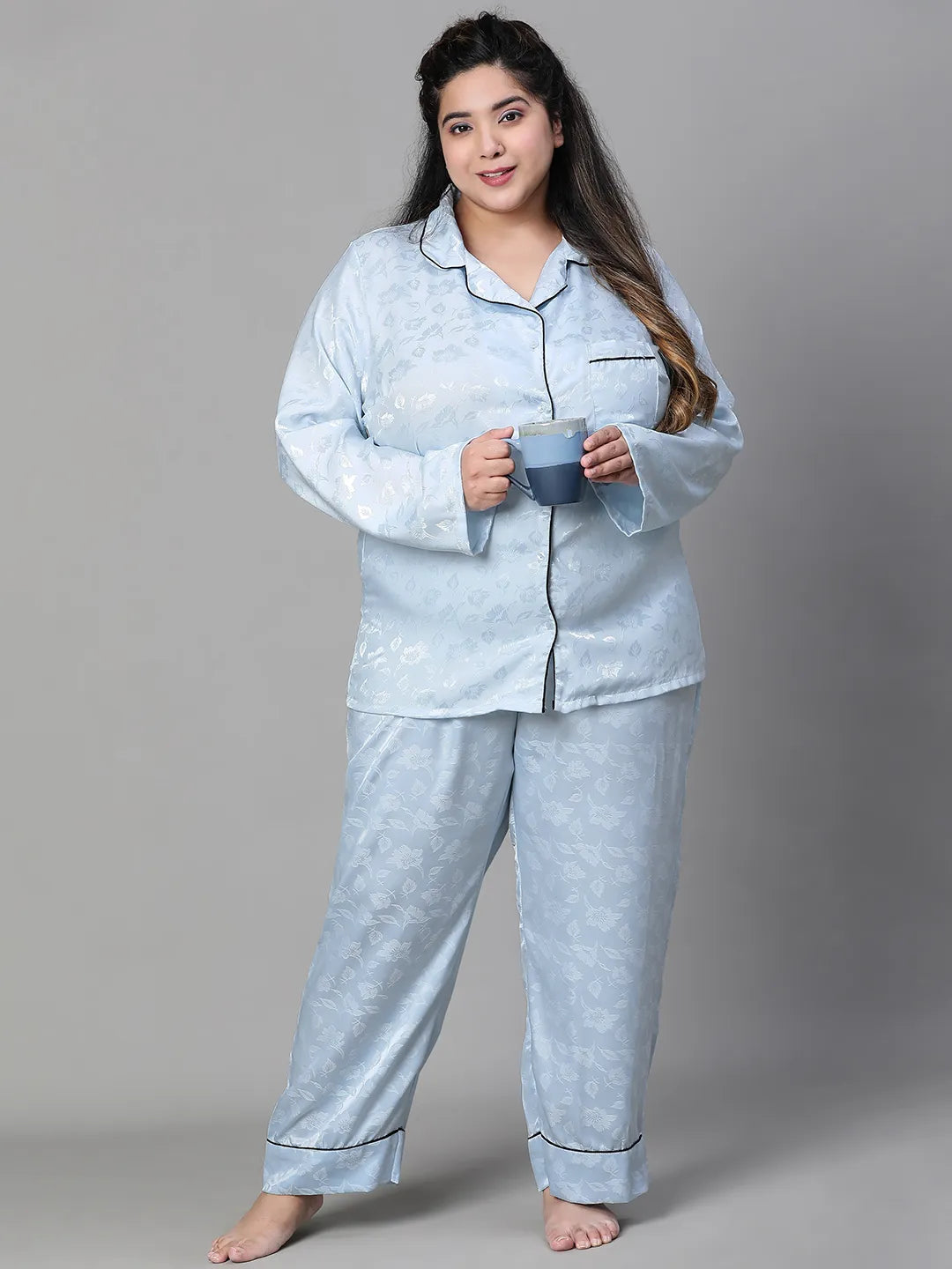 Blue Tactile Print Shirt Pajama Plus Size Nightwear Set