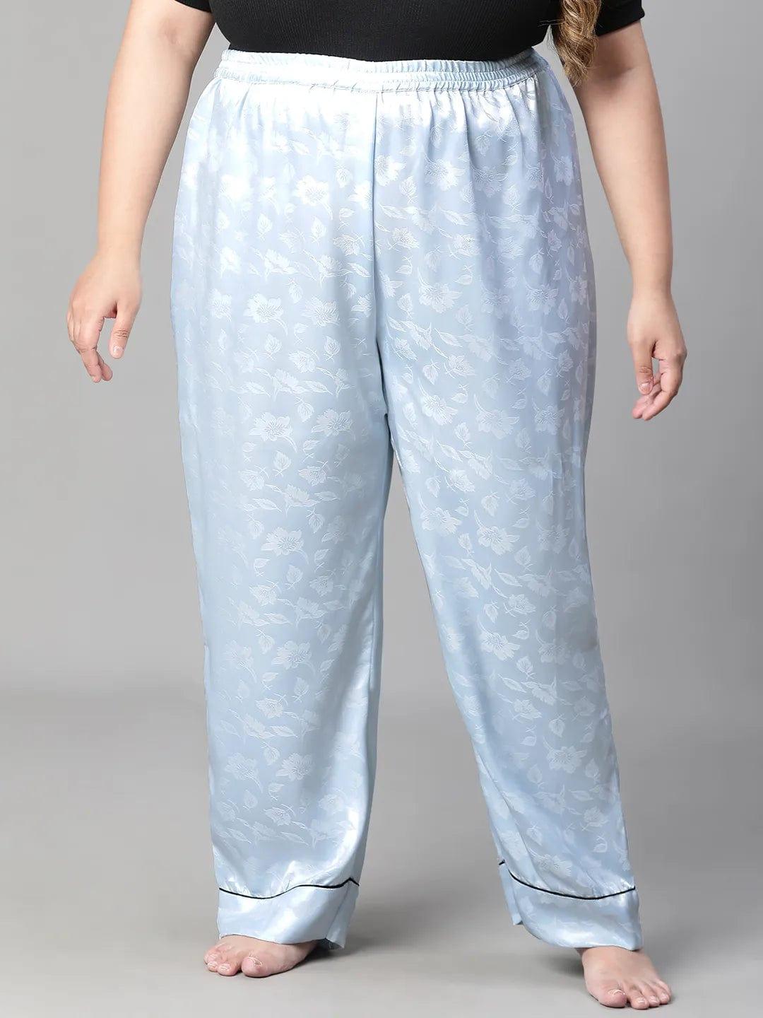 Soothing Blue Satin Jacquard Elasticated Plus Size Women Nightwear Pajama