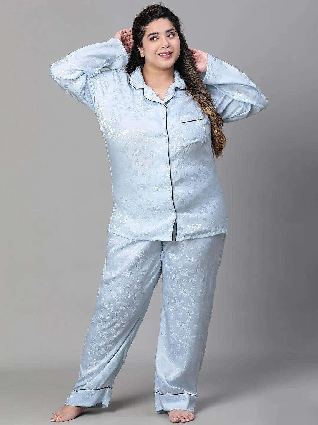 Soothing Blue Satin Jacquard Elasticated Plus Size Women Nightwear Pajama