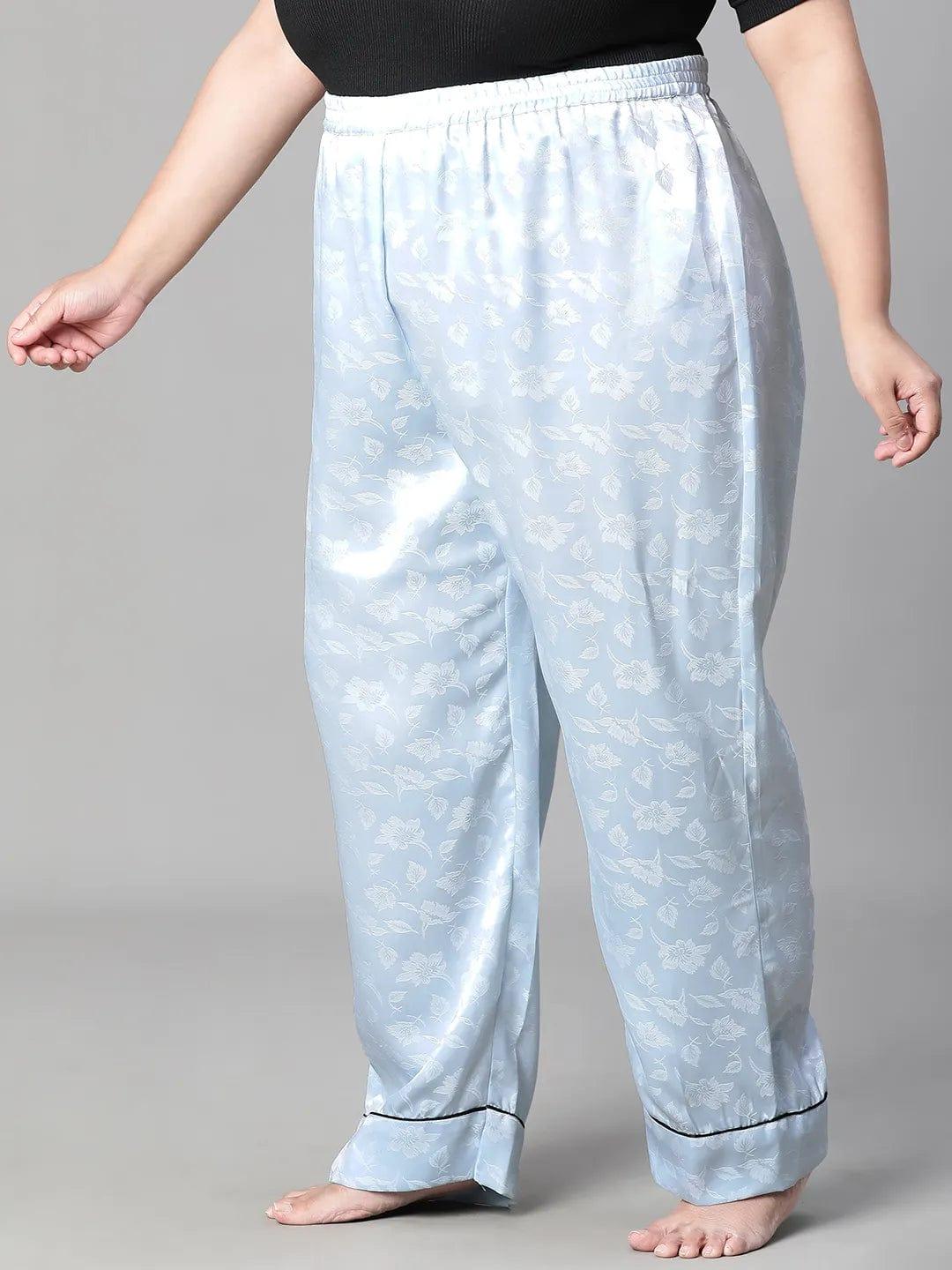 Soothing Blue Satin Jacquard Elasticated Plus Size Women Nightwear Pajama