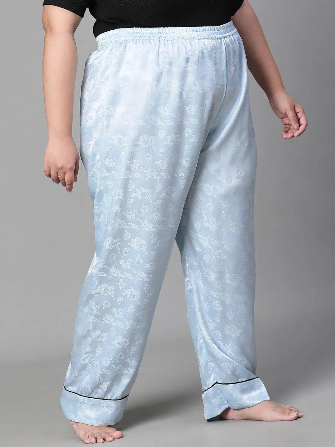 Soothing Blue Satin Jacquard Elasticated Plus Size Women Nightwear Pajama