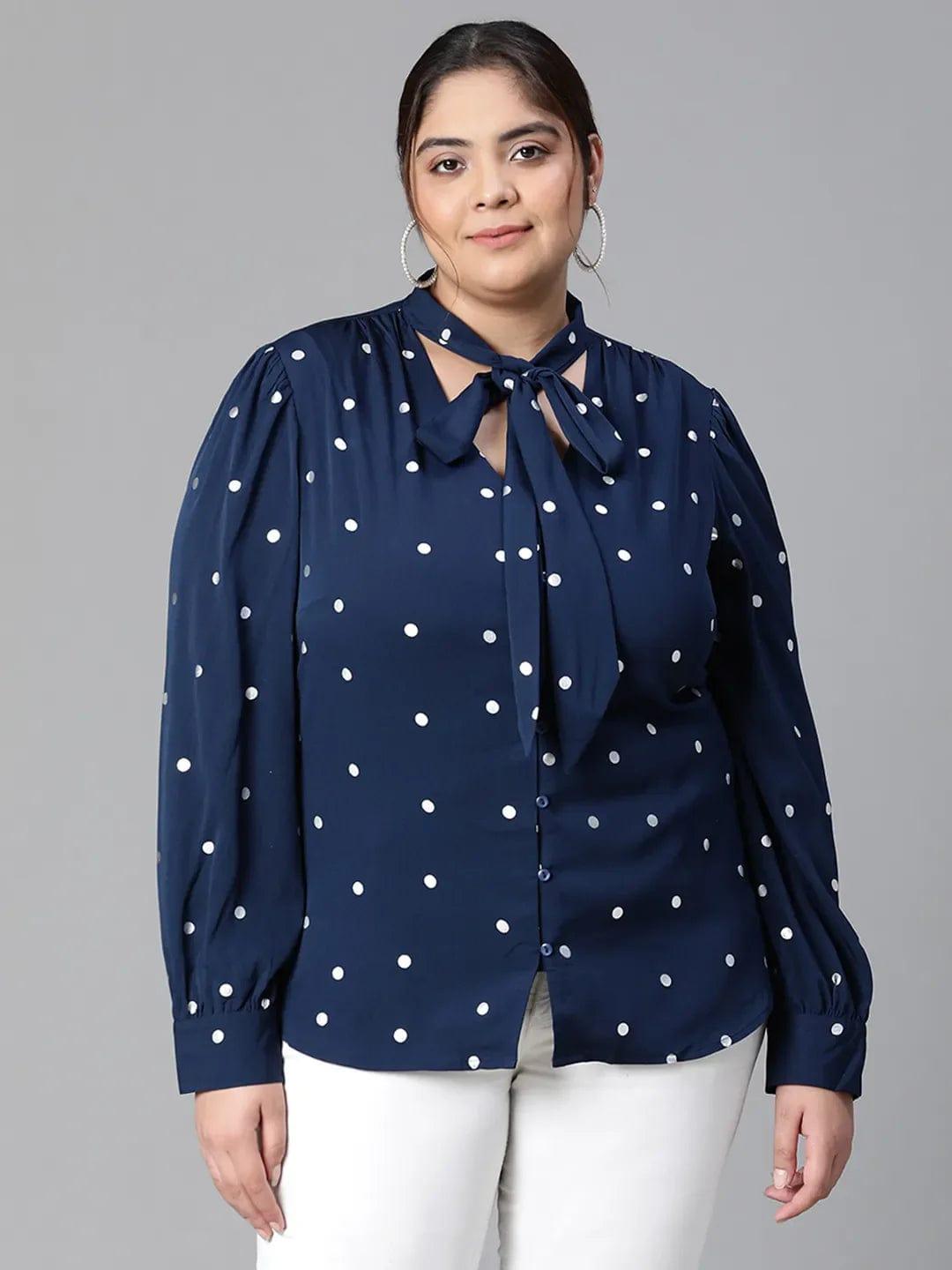 Navy Blue Tie-Knot Style Foil Print Long Sleeve  Loopy Top