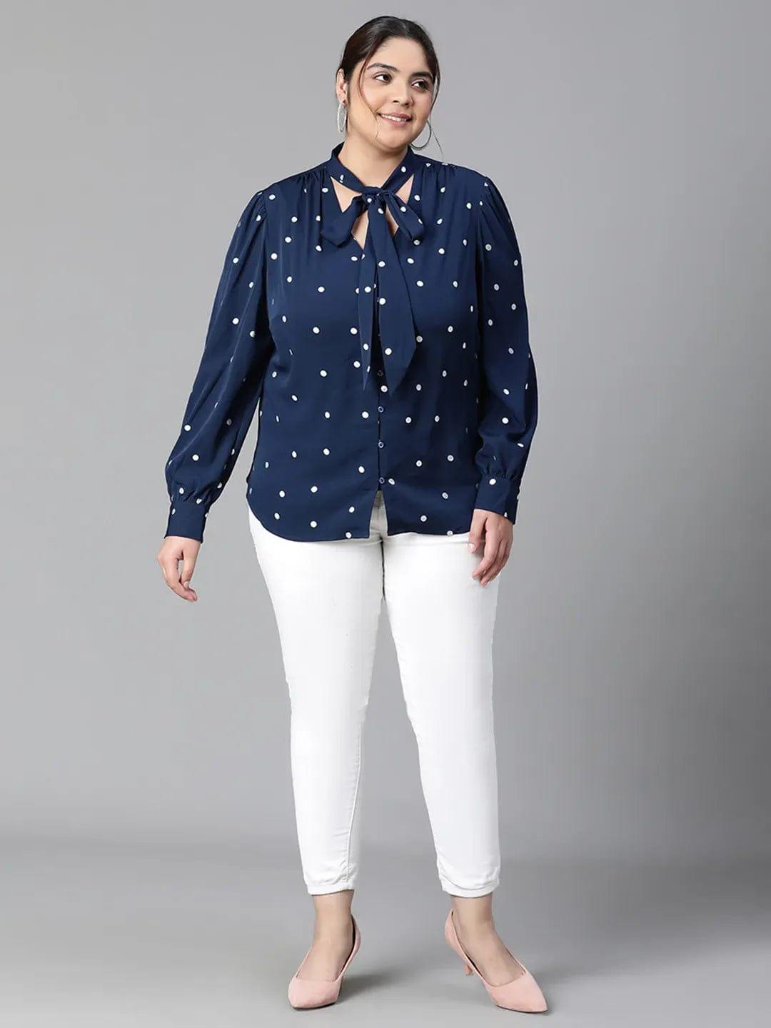 Navy Blue Tie-Knot Style Foil Print Long Sleeve  Loopy Top