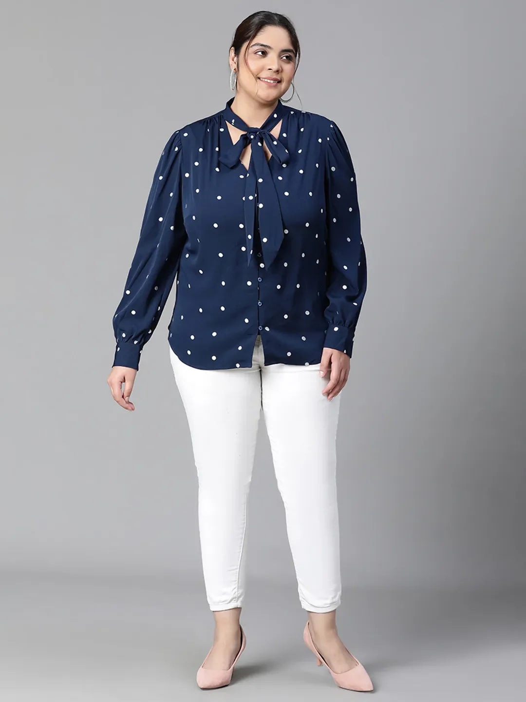 Navy Blue Tie-Knot Style Foil Print Long Sleeve Top