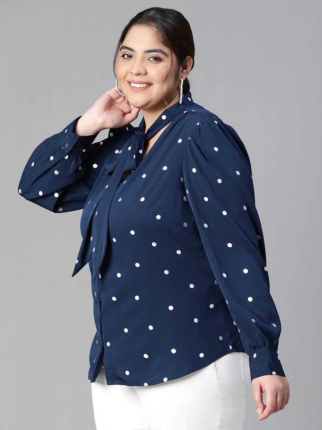 Navy Blue Tie-Knot Style Foil Print Long Sleeve  Loopy Top