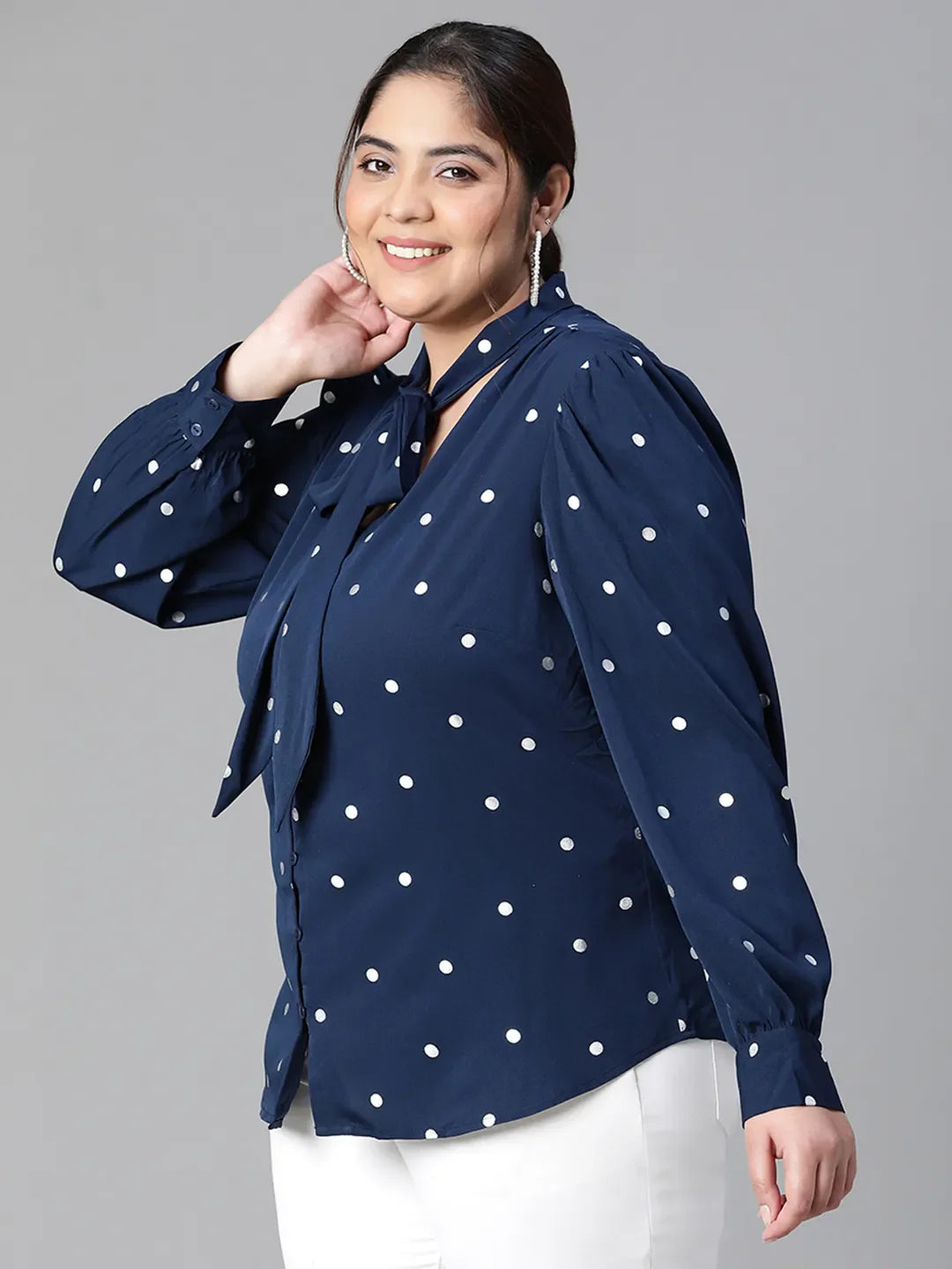 Navy Blue Tie-Knot Style Foil Print Long Sleeve Top