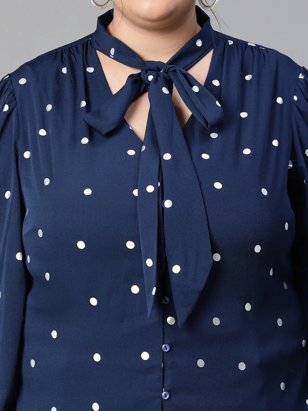 Navy Blue Tie-Knot Style Foil Print Long Sleeve  Loopy Top