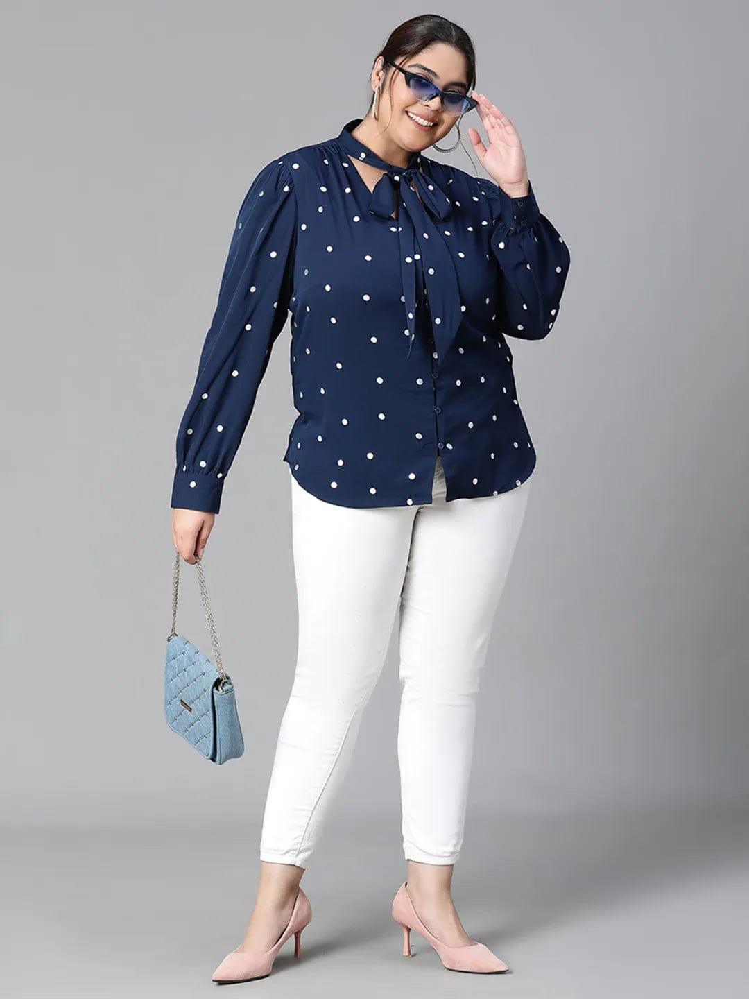 Navy Blue Tie-Knot Style Foil Print Long Sleeve  Loopy Top